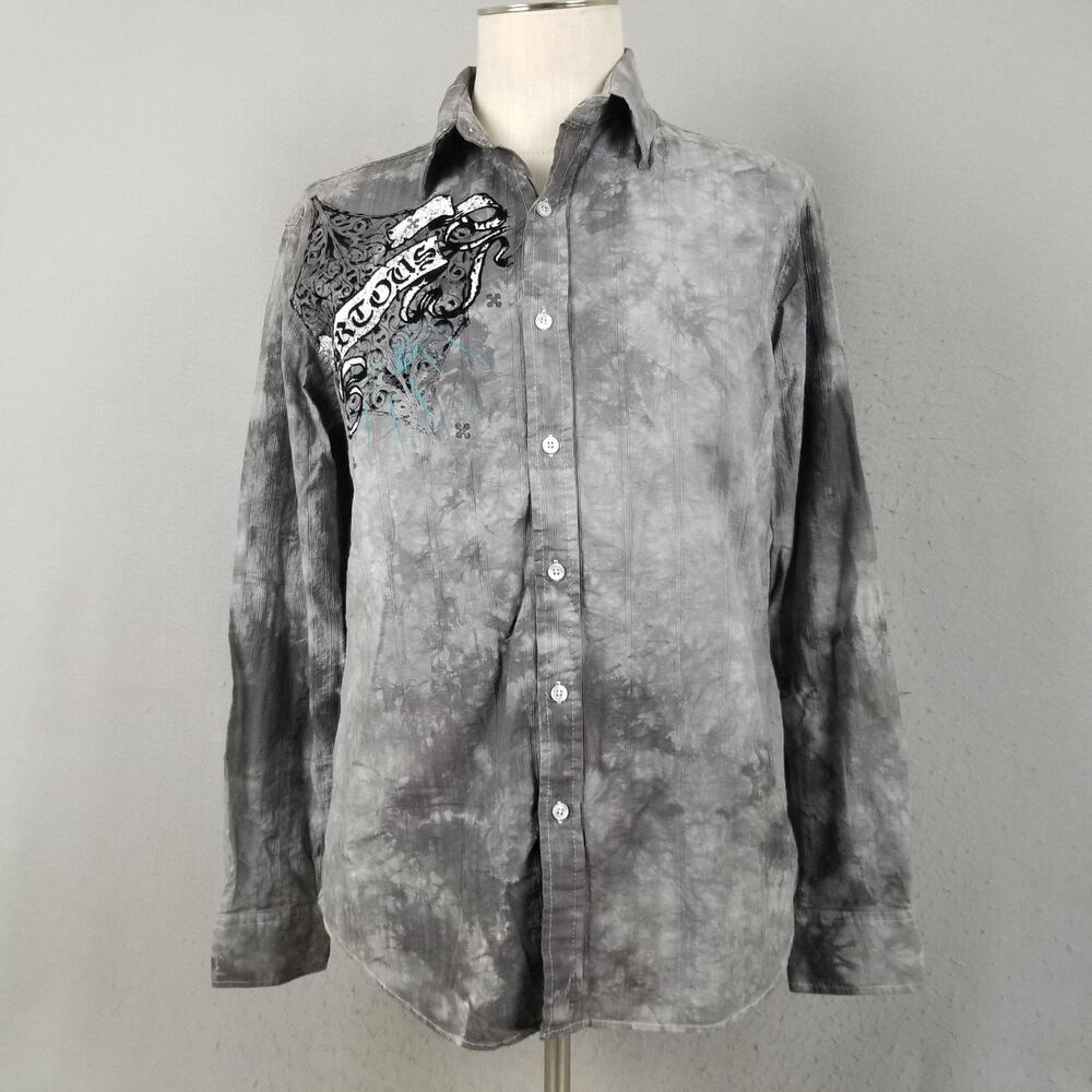 Helix Shirt Mens Medium‎ Gray Button Down Long Sleeve Graphic Acid Wash Gothic